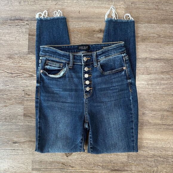 Judy Blue Womens Button Fly Skinny Fit Jeans 5/27 High Rise Dark Wash Raw Hem - Picture 1 of 4